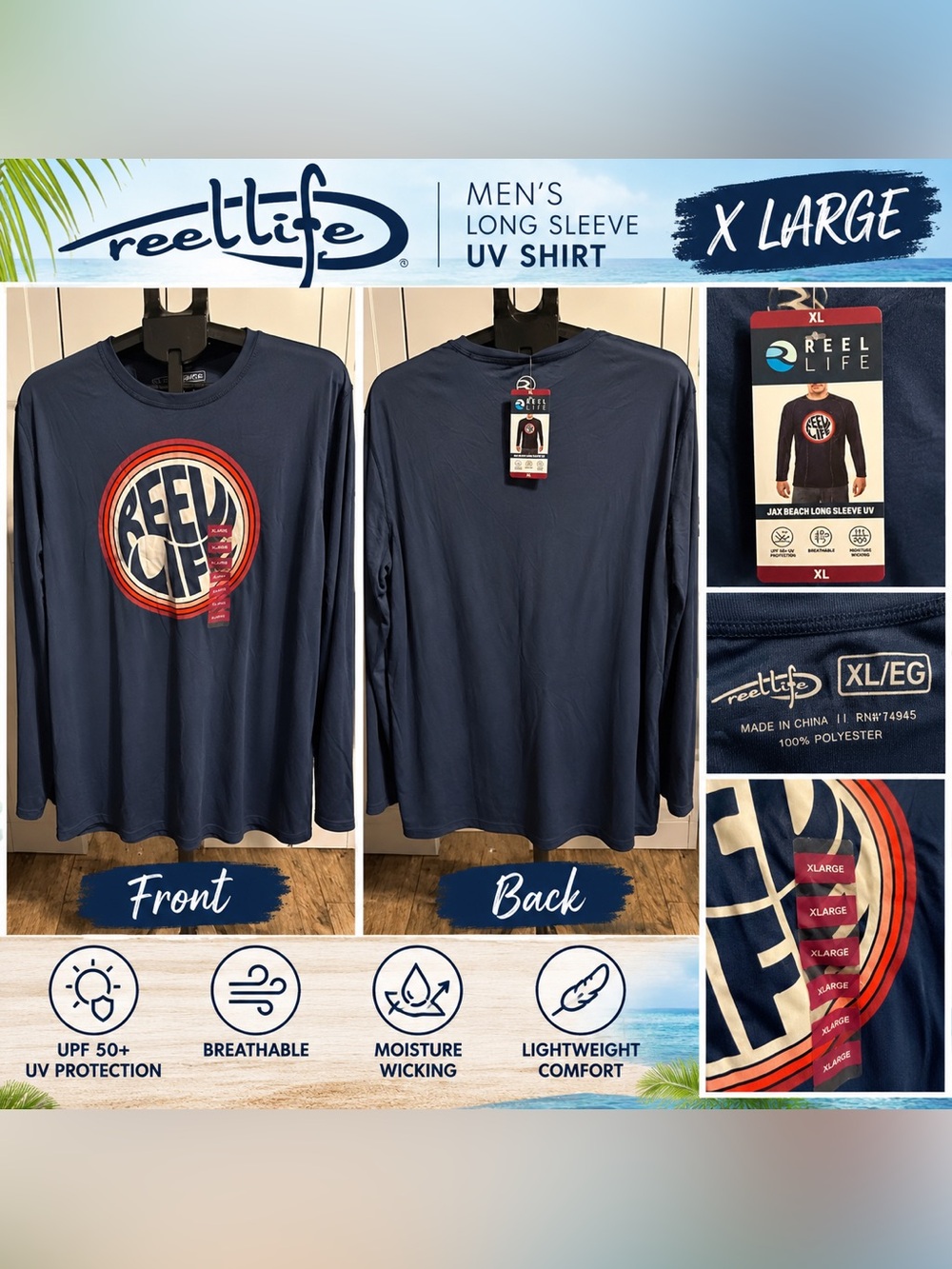 Reel Life Men's Jax Beach UV Long Sleeve Shirt - Navy Blue - Size XL
